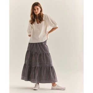 NEW Cartolina Nantucket Kylie Midi Skirt Navy Stripe Tiered Smocked Cotton XXS